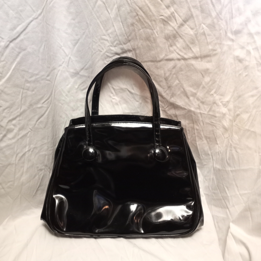 VINTAGE - BON-TON Black Patent Satchel w/Toggled Framed Center Compartme…